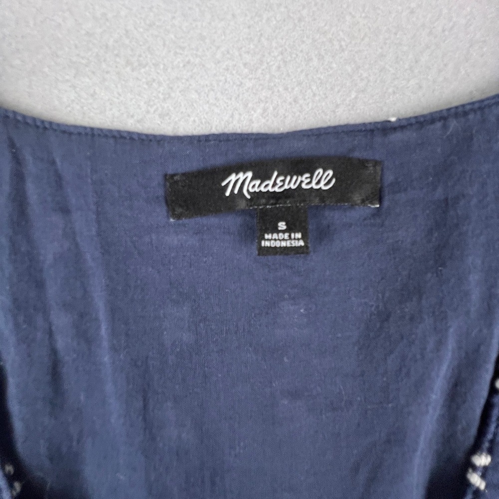 Madewell Mini Dress Womens Small Navy Blue Embroidered Bow Dobby V-Neck Boho - Picture 3 of 14